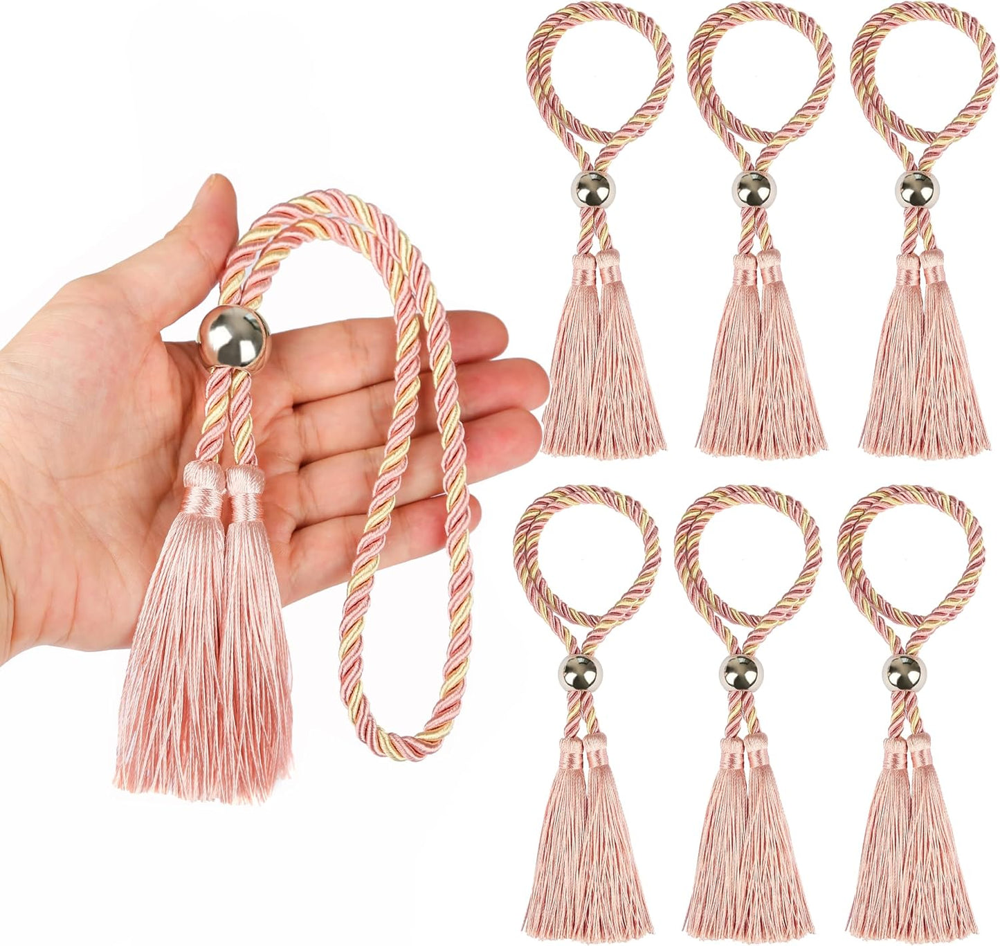 BEL AVENIR Napkin Rings with Polyester Rope Tassels, Napkin Ring Holder with Metal Bead Trim for Dining Table, Wedding, Dinner, Party, DIY Decoration, Set of 6 (6, Rubber Pink)