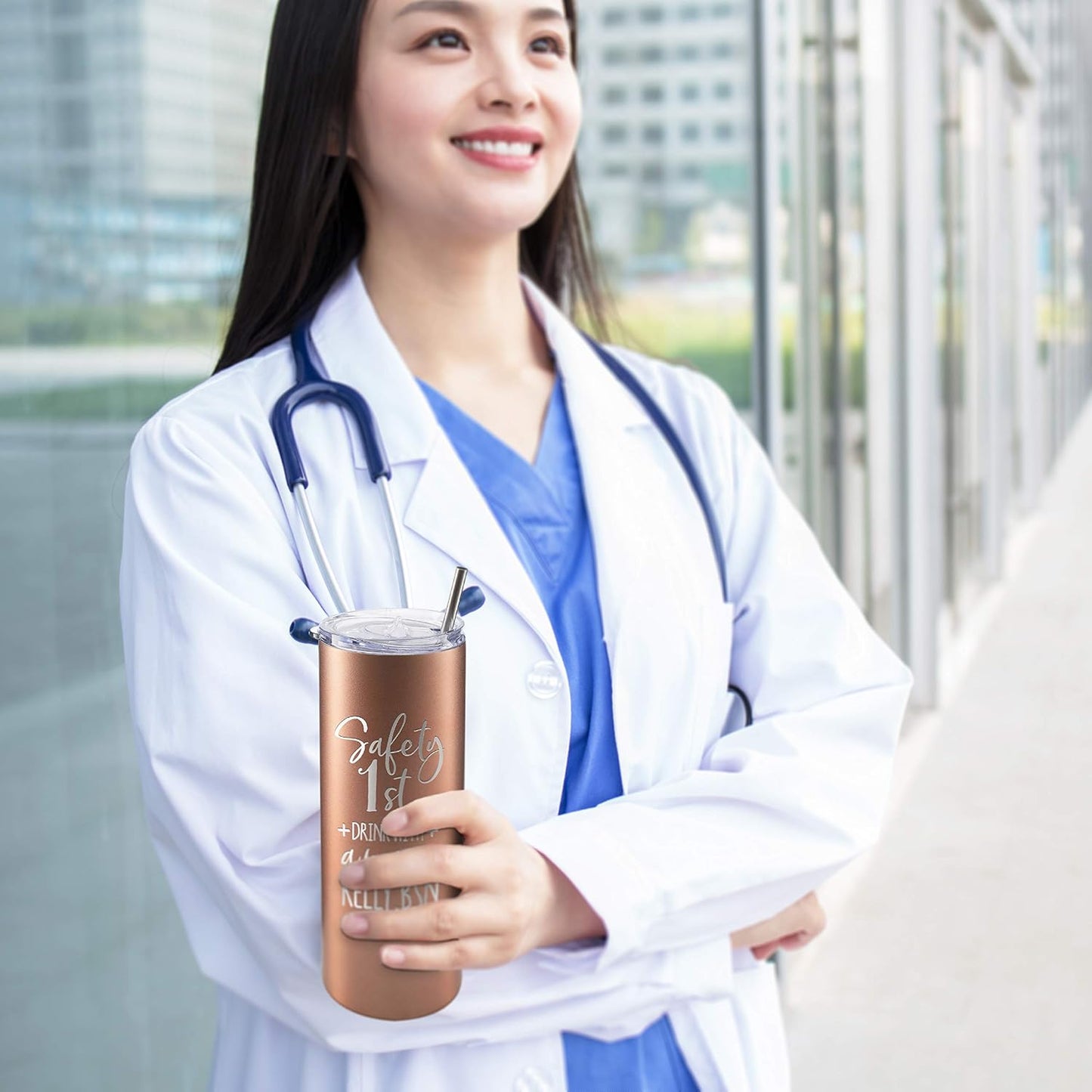 Personalized Nurse Gifts for Women - 20 Oz Skinny Tumbler with Lid - Light Pink - Nurse Appreciation Gift
