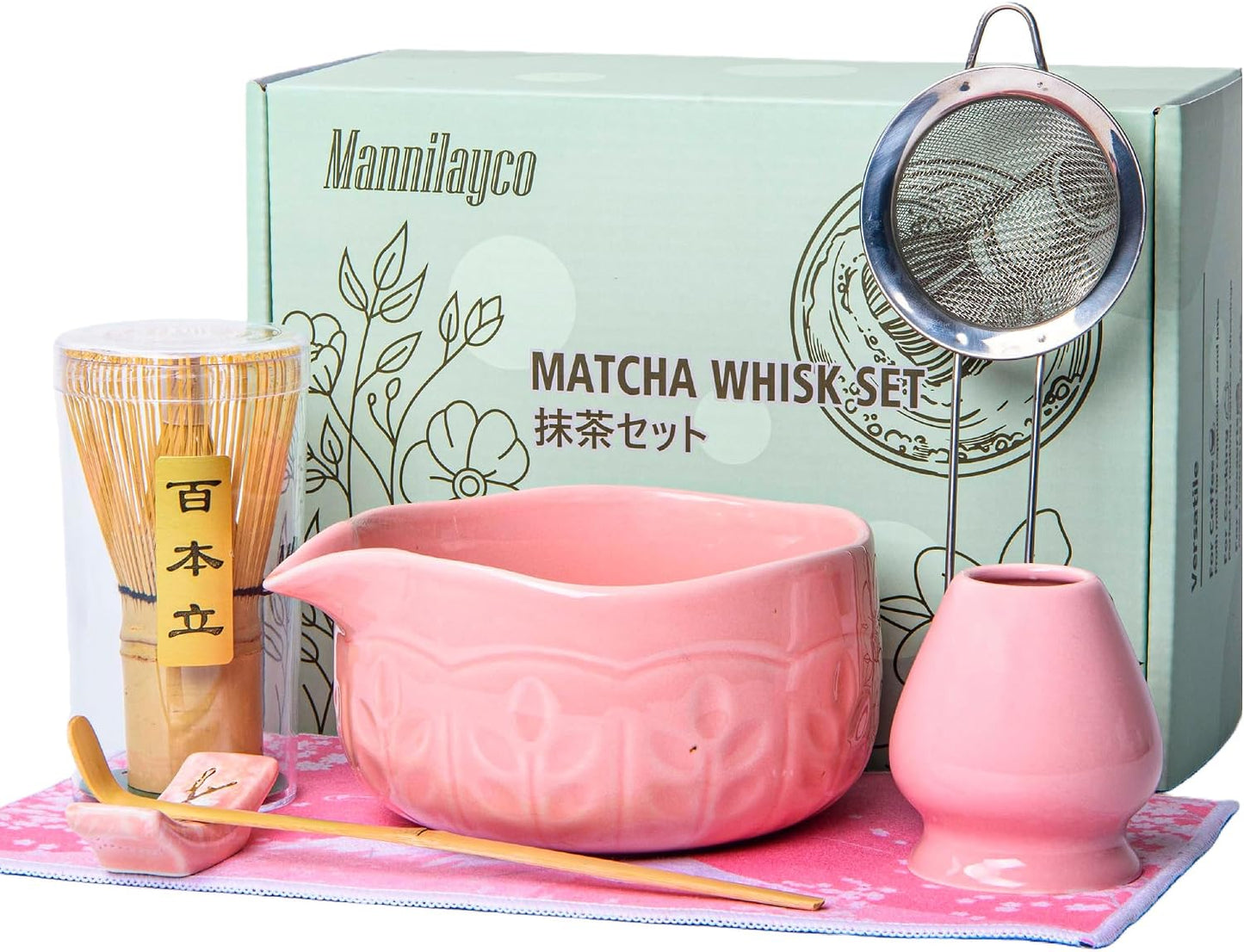 Matcha Whisk Bowl Set, 7PCS Japanese Matcha Kit with Spout Bowl (Pink) Bamboo Whisk Stand Scoop Sifter Accessories for Tea Ceremony Latte, Gifts for Family,Friends