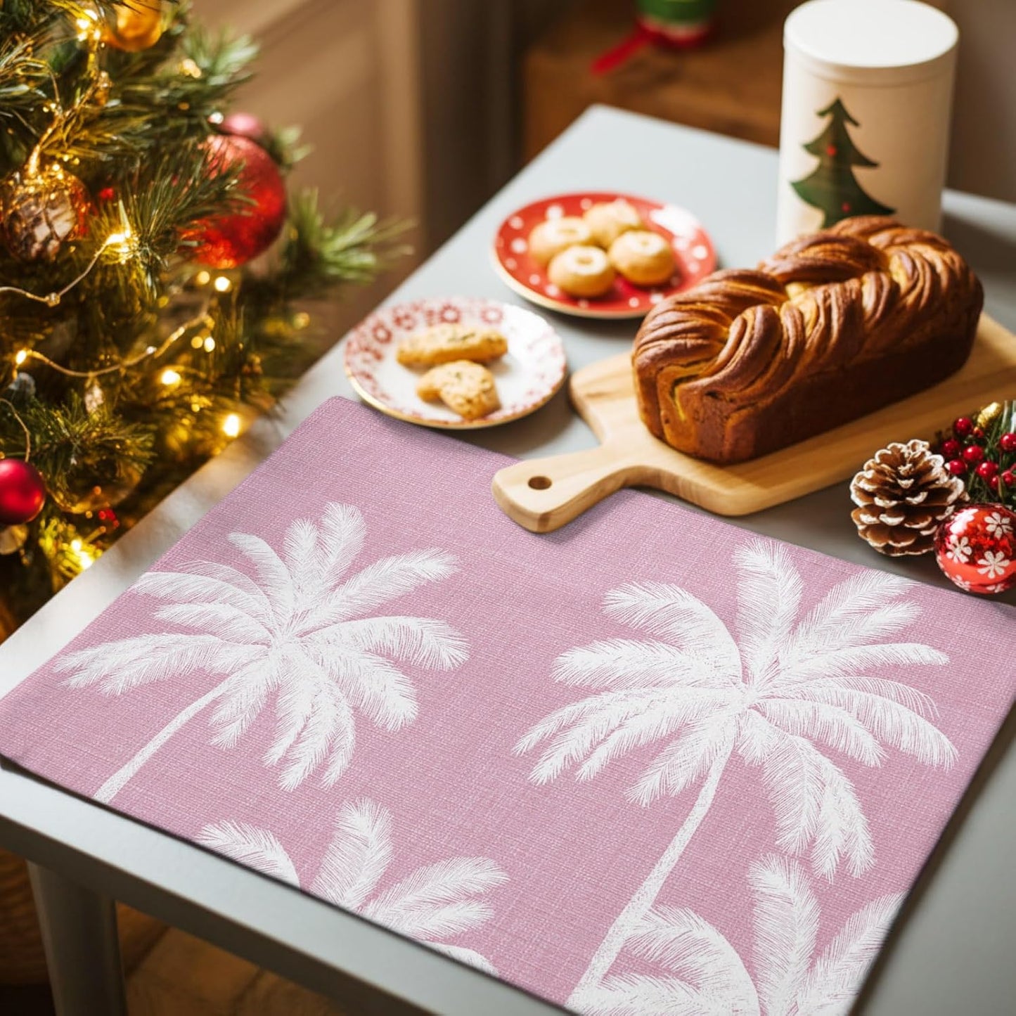 Peach Pink Palm Tree Placemats Set of 1 Summer Botancial Tropical Farmhouse Place Mats Indoor Wipeable Table Mats Washable Cloth Dining Table Placemats for Kitchen Holiday Party Home Decor 13x19 Inch