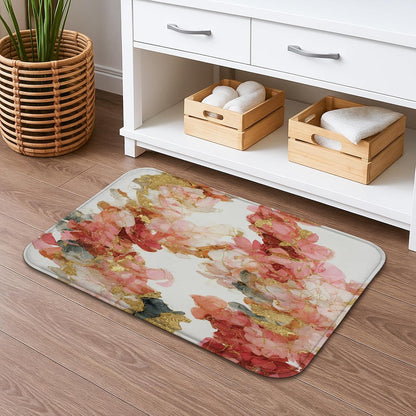 Floral Aesthetic Quick Dry Bath Mat, Elegant Peach Peony Design Absorbent Non Slip Shower Mat, Spring Decorative Memory Foam Washable Rugs for Bathroom Toilet Restroom 20x32 Inch