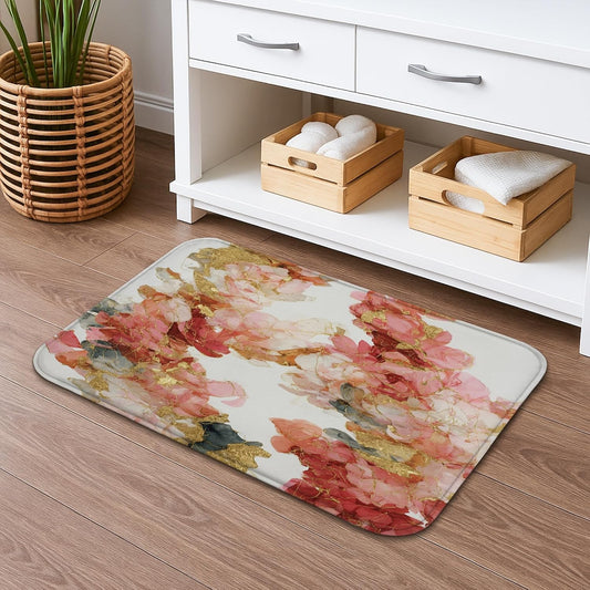 Floral Aesthetic Quick Dry Bath Mat, Elegant Peach Peony Design Absorbent Non Slip Shower Mat, Spring Decorative Memory Foam Washable Rugs for Bathroom Toilet Restroom 20x32 Inch