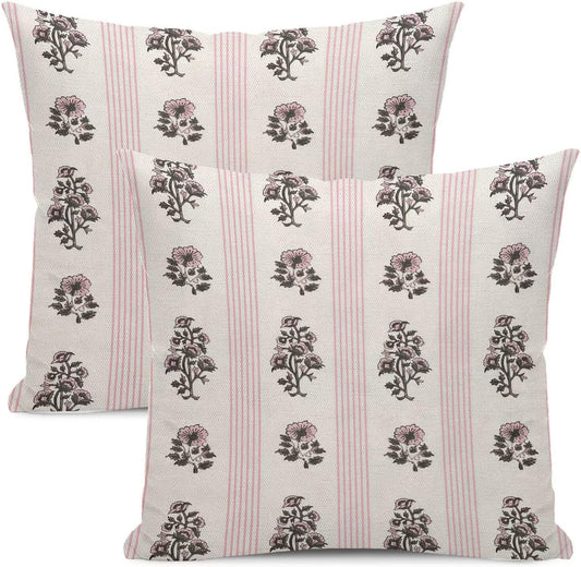 Stripe Floral Pillow Covers 18x18 Inch Set of 2, Block Print Pink Stripe Outdoor Decorative Pink Floral Striped Throw Pillows Neutral Couch Cushion Case for Chair Sofa Bedroom Living Room Decor