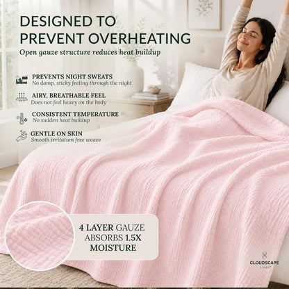 CLOUDSCAPE 4 Layer Muslin Blanket for Adults - 100% Cotton Blanket Queen Size Bedding, 92"x92" Fits Upto Full Size Bed, All-Season Lightweight Gauze Soft, Breathable Summer Blankets - Seashell Pink