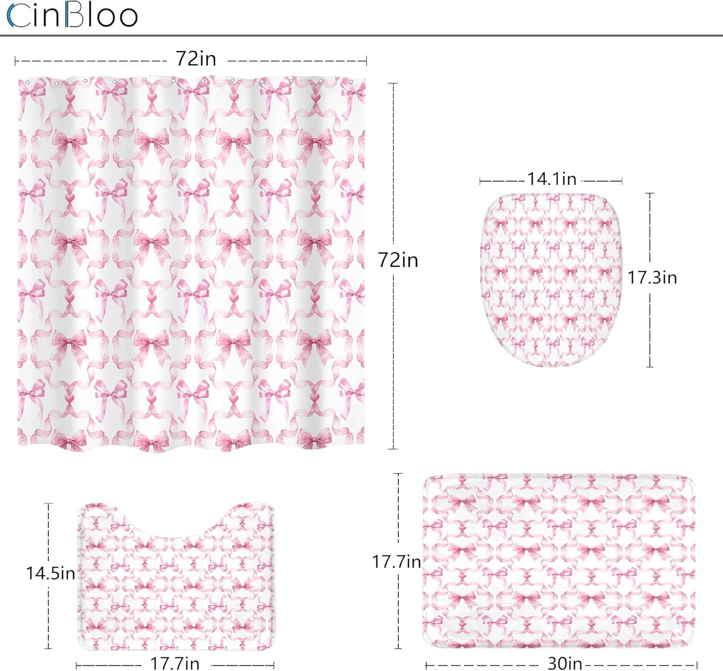 4Pcs Pink Bow Shower Curtain Set, Retro Coquette Preppy Modern Fashion Pretty Sweet Girly Bathroom Curtain with Rug, Toilet Lid Cover, Bath Mat, Aesthetic Shower Curtain with 12 Hooks