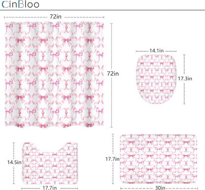 4Pcs Pink Bow Shower Curtain Set, Retro Coquette Preppy Modern Fashion Pretty Sweet Girly Bathroom Curtain with Rug, Toilet Lid Cover, Bath Mat, Aesthetic Shower Curtain with 12 Hooks