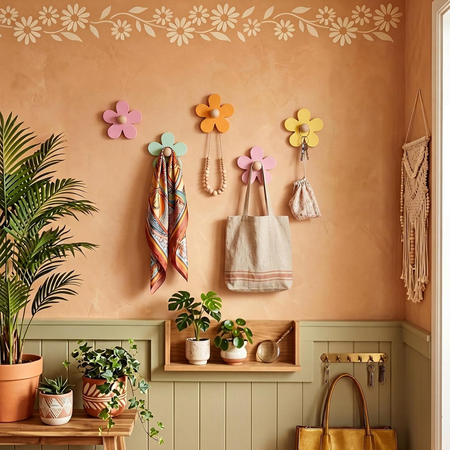 AceOrbit Pcs Daisy Wall Hooks Wood Flower Towel Hooks Cute Flower Decorative Wall Mount Hangers for Bathroom Kitchen Bedroom Home Entryway Decor(5,Yellow, Pink, Purple, Light Green)