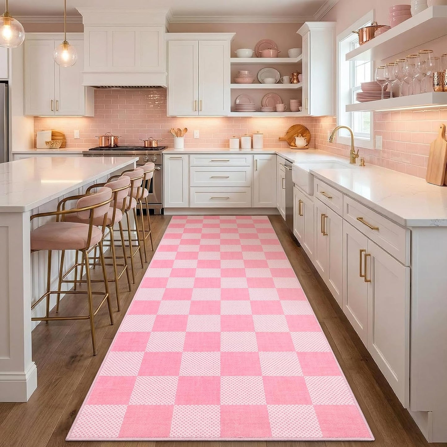 GarveeHome Checkered Blush Pink and White 2x3 Washbale Rug Door Mat Geometric Diamond Dot Modern Soft Low-Pile Girls Small Rug for Bedroom Entryway Bathroom Kitchen Non-Slip TPE Backing