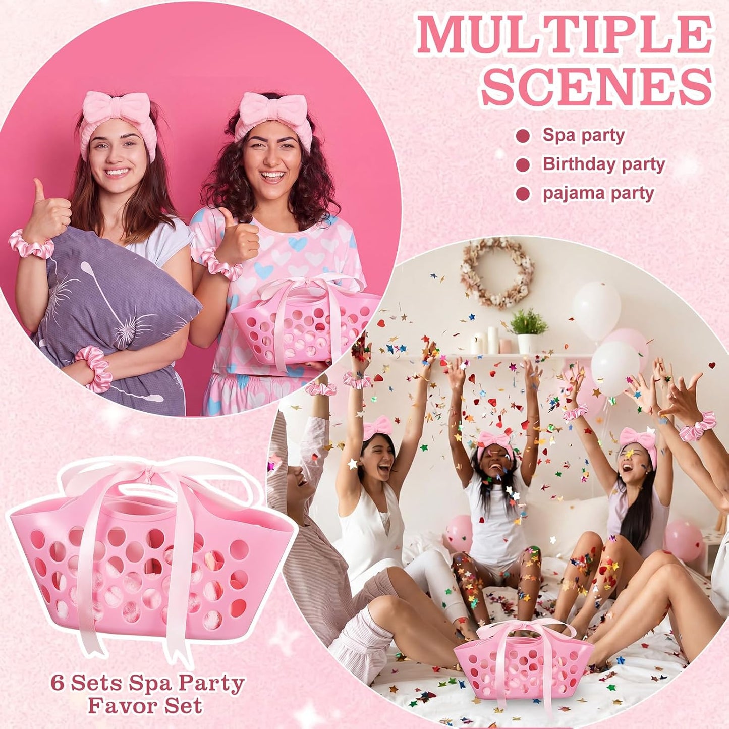 SiliFine 36 Pcs/ 6 Set Spa Sleepover Pink Party Favors Supplies for Girls Kit, Includes Storage Basket, Disposable Slipper, Mirror, Hair Tie, Headband, Jewelry Box, Ribbon for Birthday Graduation Gift