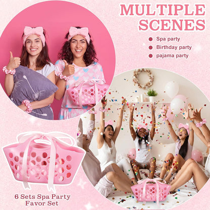 SiliFine 36 Pcs/ 6 Set Spa Sleepover Pink Party Favors Supplies for Girls Kit, Includes Storage Basket, Disposable Slipper, Mirror, Hair Tie, Headband, Jewelry Box, Ribbon for Birthday Graduation Gift