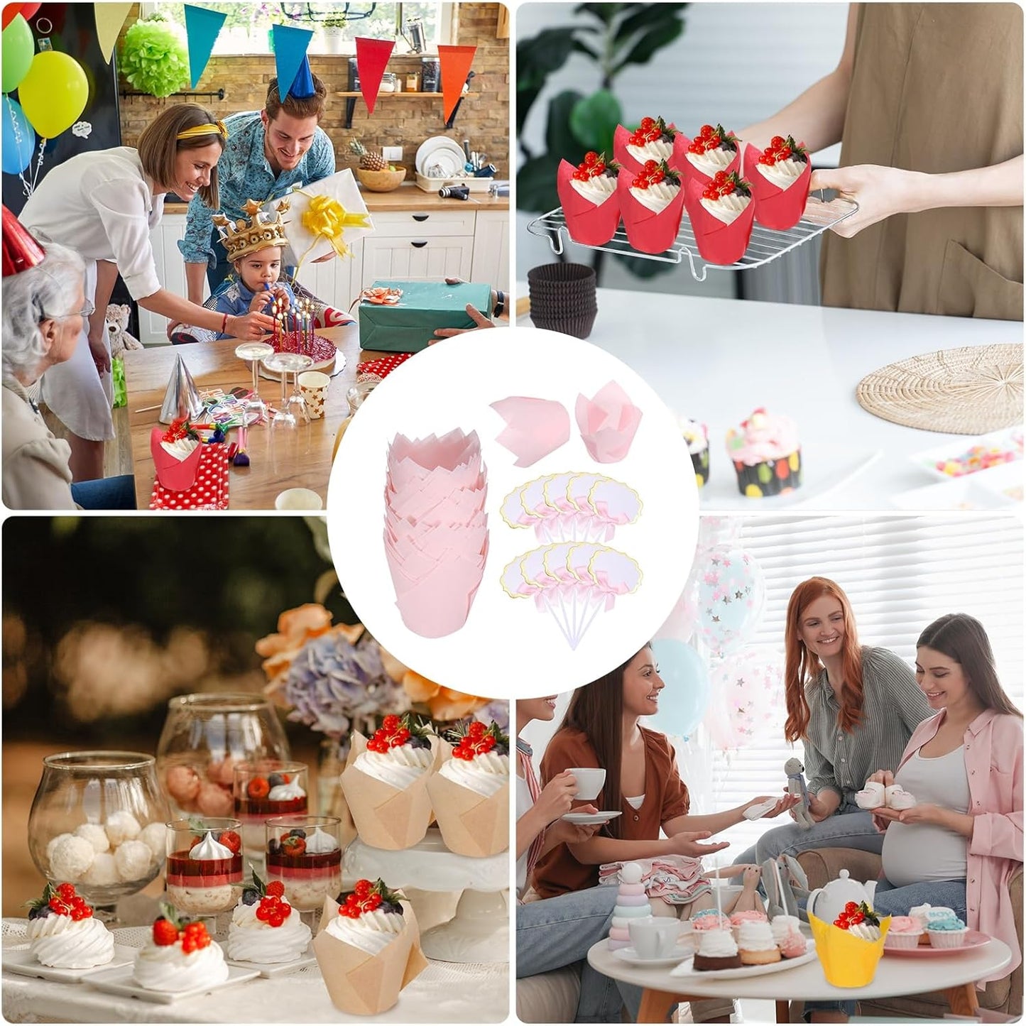 uxcell 100Pcs Tulip Cupcake Liners with 10Pcs Cheese Markers, Muffins Liners Solid Paper Greaseproof Wrappers Baking Cups with Writable Toppers for Wedding Birthday Shower, Light Pink