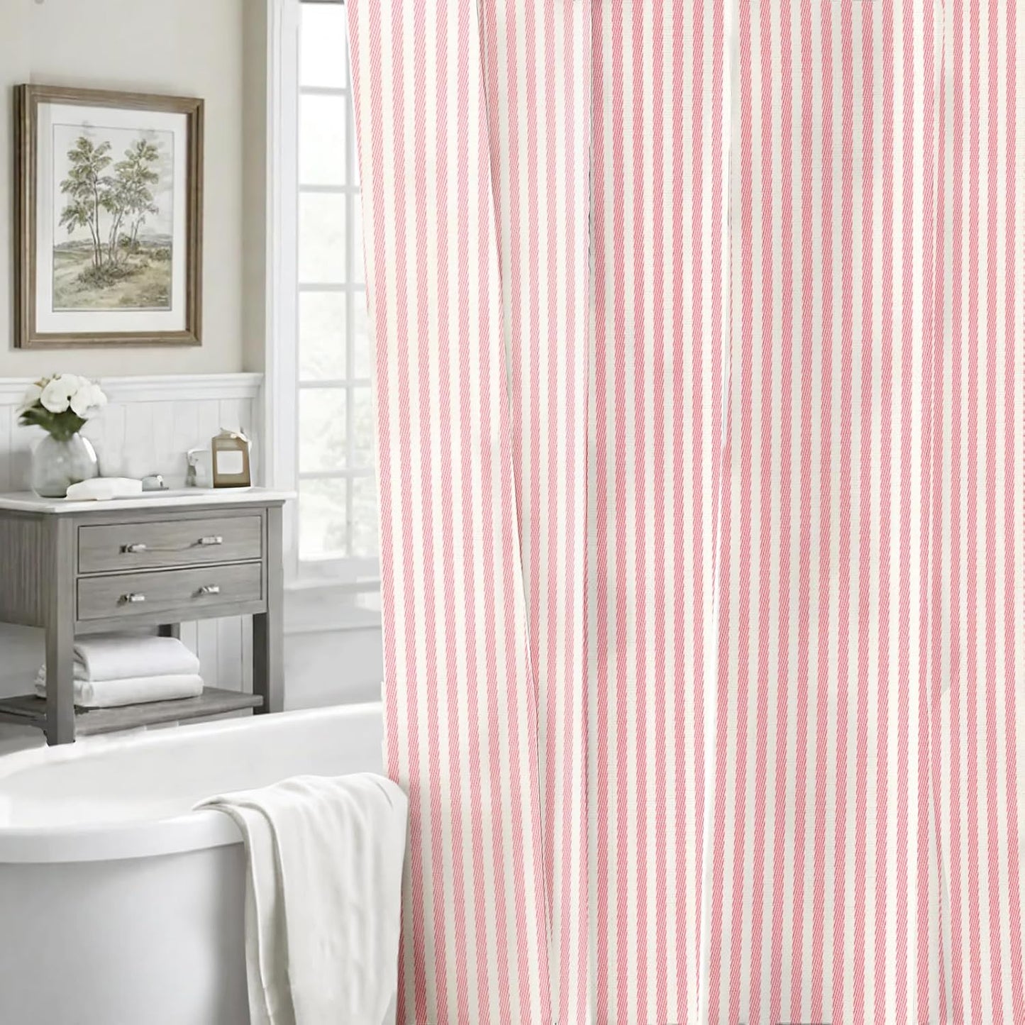 Pink White Striped Linen Cotton Waterproof Shower Curtain, Funny Stripe Shower Curtains for Bathroom Decor, Chic Fabric Cloth Shower Curtain 72" W x 72" L