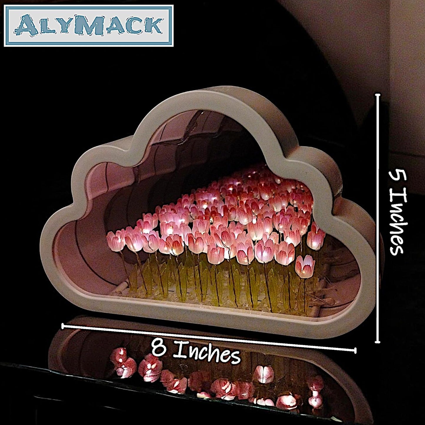 Handmade Tulip Lamp Fully Assembled - Flower Night Light Cuteness Lamps - Tulip and Rose Infinity Mirror in a Glass - Gift for Women or Girl - Lampara de Tulipanes Infinitos (Pink, AA)