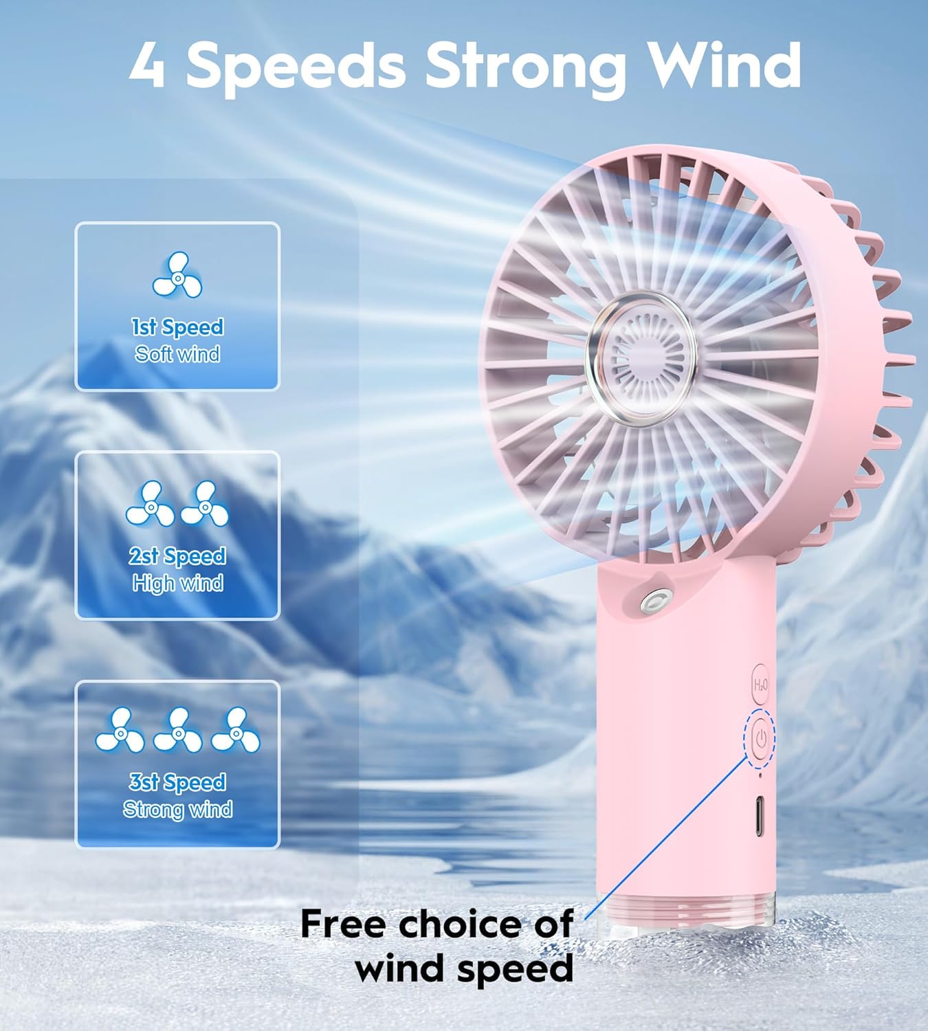 Portable Personal Misting Fan, Handheld Rechargeable Cooling Fan, 3-Speed, Suitable for Travel, Beach and Office Use Pink