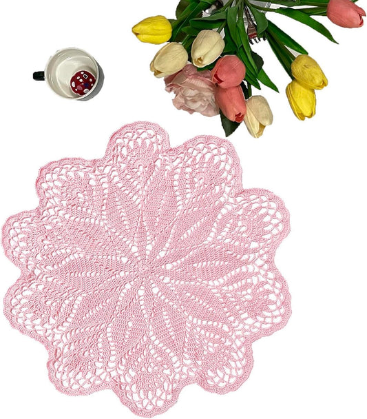 18 in to 20 in Lace Placemat Table Doily Round Handmade Crochet Lily Flower Doilies Wedding Decoration for Bedroom Kitchen Office Desk (1pc, Lily-Pink)