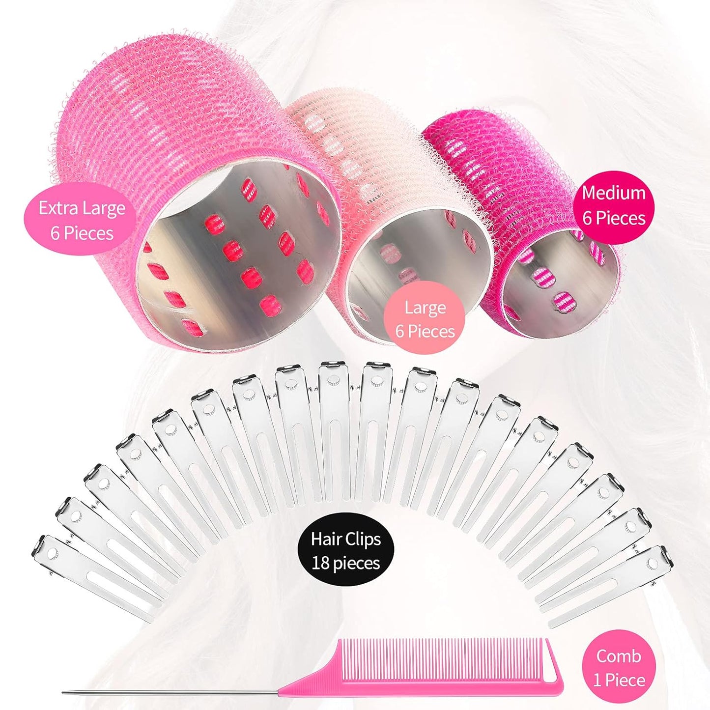 37 Pcs Aluminum Thermal Hair Rollers Set 3 Sizes Self Grip Hair Rollers 18 Pcs Duckbill Clips, Comb Hairdressing Styling Tool for Women, Men(1.1,Pink Series)