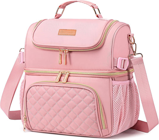 Lunch Bags for Women, Dual Compartment Lunch Box Lunch Bag for Work, Leakproof Lunch Cooler Large Insulated Lunchbox for Adult for Women Men, Lunchbag for Picnic Beach (Pink)