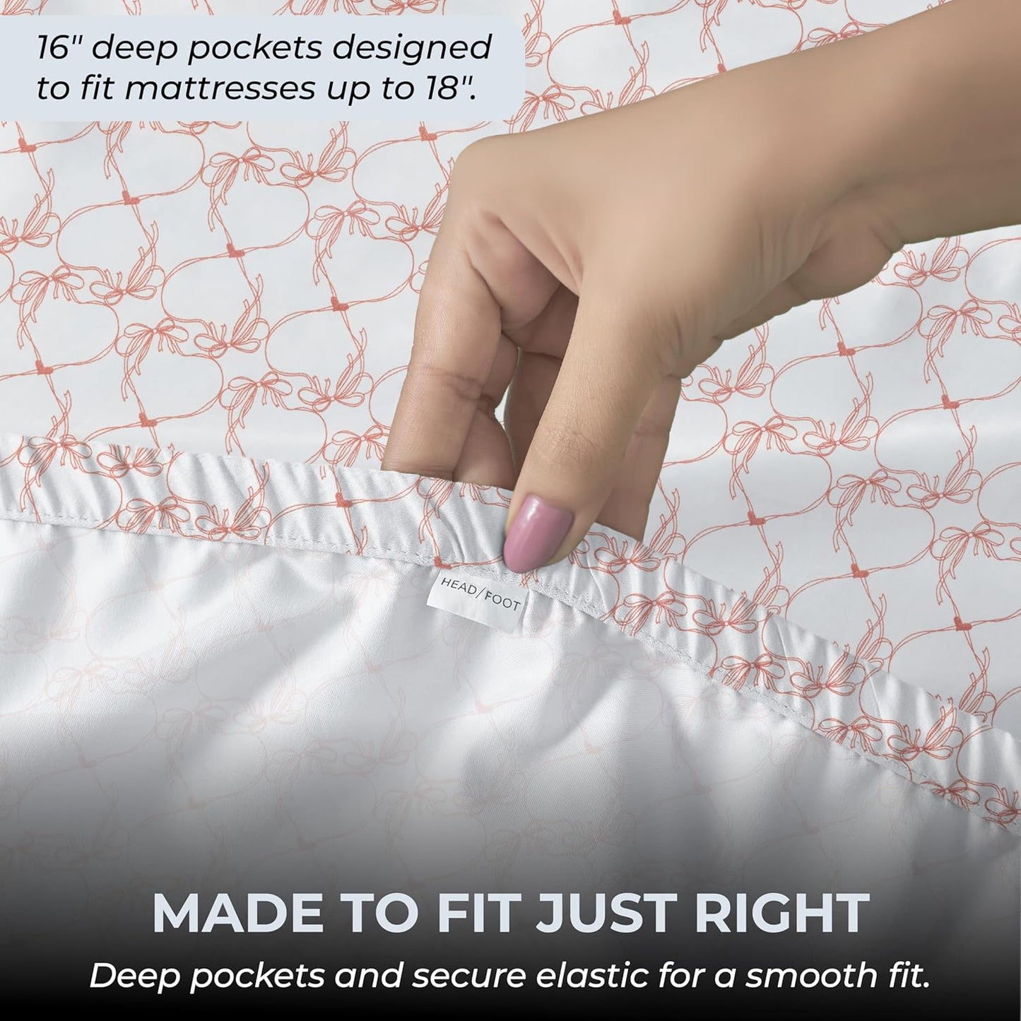 Full Size Fitted Sheet with 18" Deep Pockets, Flat Sheet - Percale Weave Natural - Breathable 100% Cotton Bedding, 1 Fitted Sheet + 1 Flat Sheet + 2 Pillowcases - Pink Bows Print