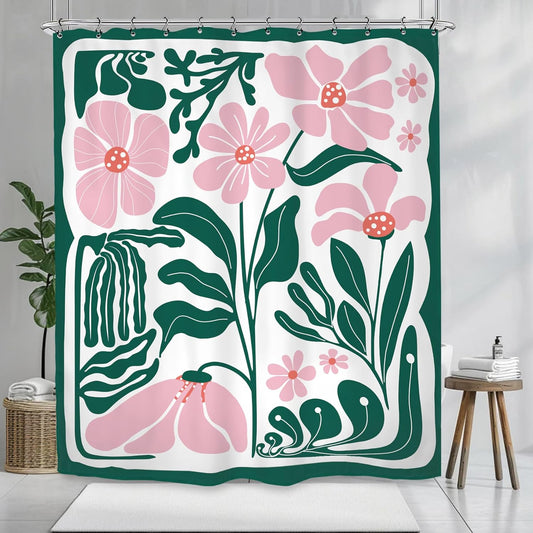 Abstract Flower Matisse Shower Curtain 60Wx72L Inch Pink Green Plant Minimalist Contemporary Retro Art Groovy Modern Bathroom Set Accessories Decor with 12 Pack Hooks