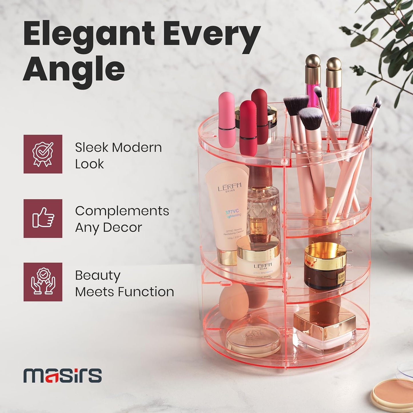 Masirs Rotating Makeup Organizer for Vanity, Large 360° Spinning Cosmetic & Skincare Organizer, Adjustable Shelf Height, Perfume Stand, Countertop Storage for Bathroom or Bedroom, Pink