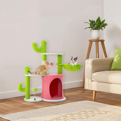 YITAHOME Cactus Cat Tree: 36 in Cats Tower for Indoor Kittens with 2 Platforms, Scratching Post, Spring Ball, Hanging Ball, Hanging Basket, Green & Pink