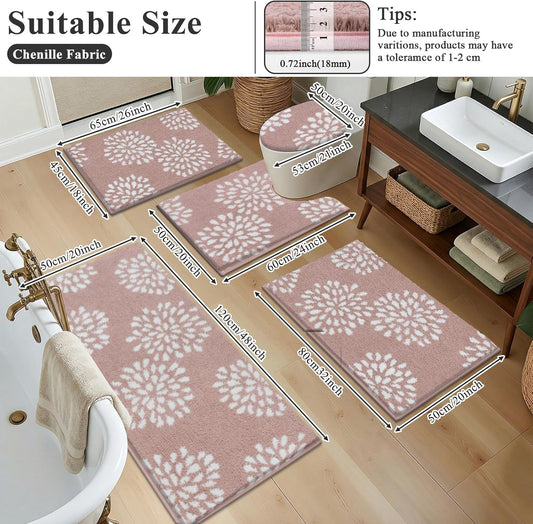 HEBE Floral Bathroom Rugs Set 5 Piece, Non Slip Washable Bath Mat Set for Bathroom, Absorbent Microfiber Bath Carpet with U-Shaped Contour Rug for Tub, Shower, Dusty Pink