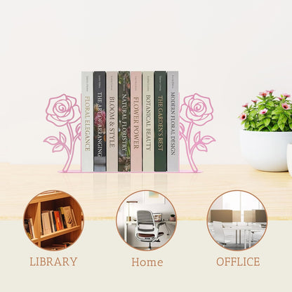 Metal Rose Flower Bookends – Novelty Book Ends with Rose Design, Floral Shelf Decor Decorative Bookends for Shelves Ideal Gift for Book Lovers (Pink)