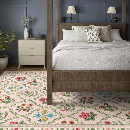 Washable 9x12 Area Rugs - Large Stain Resistant Pink Living Room Rug Non-Slip Soft Boho Floral Rugs for Bedroom Aesthetic Farmhouse Flower Big Carpet for Dining Room Under Table Kids Room