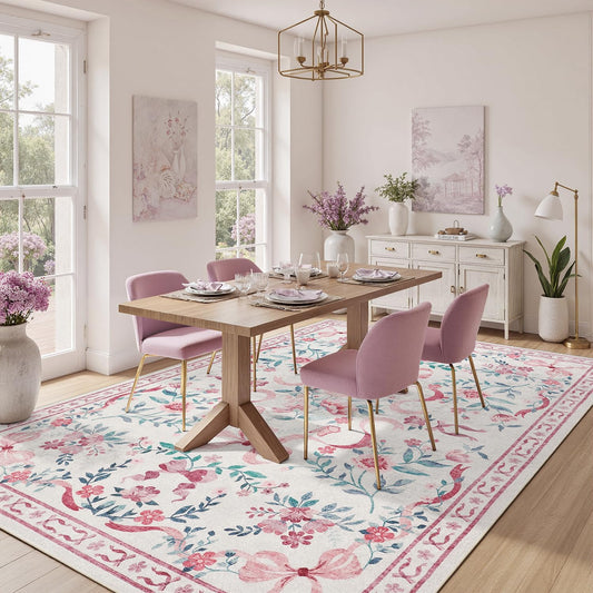 DCX Washable 5x7 Bow Rug, Pink Floral Rug for Girls’ Bedroom, Cute Soft Low Pile Indoor Décor Carpet, Kid & Pet Friendly Nursery Rug for Living Room, Dorm, Playroom