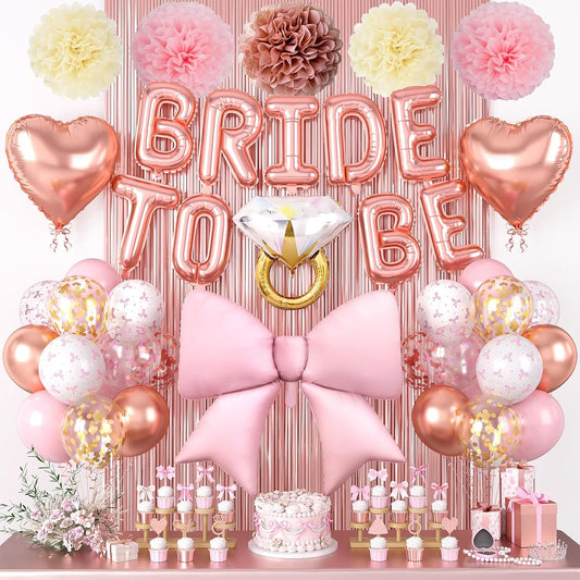 Rose Gold Bachelorette Party Decorations, Bride To Be Bridal Shower Balloons Pink Bow Ring Heart Balloon Bow Print Gold Confetti Balloon Fringe Curtain Paper Pompom for Bachelorette Engagement Wedding