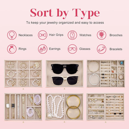 Dajasan Large Jewelry Organizer Box, 6-Tier Jewelry Storage Case with 5 Drawers, Jewelry Boxes for Women Girls with Mirror, Double Door, Textured PU Leather, Gift Idea, Stylish (Pink + Gold)