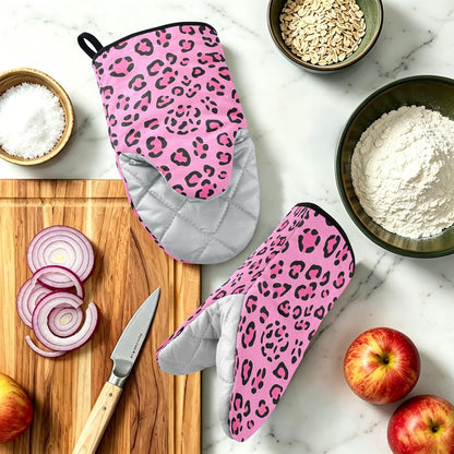 Oven Mitt 2 Pack Set Bright Pink Leopard Print Kitchen Mitts Gloves for for Cooking Baking Grilling