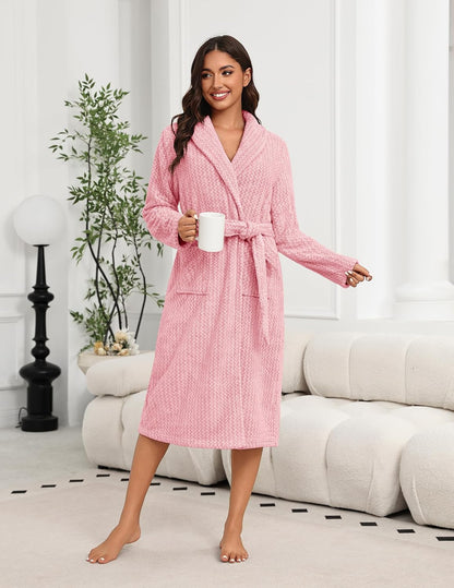 Ekouaer Women's Robe Long Plush Soft Bathrobe Cozy Warm Robes Shawl Collar Sleepwear with Pockets