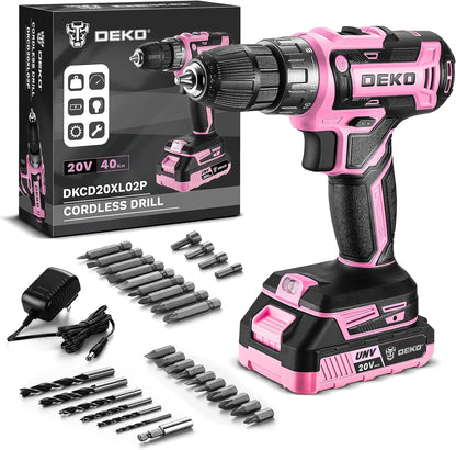 Power Drill Cordless: DEKOPRO Pink Cordless Drill 20V Electric Power Drill Set Tool for Women Drills with Battery and Charger 20 Volt Drills Driver Kit