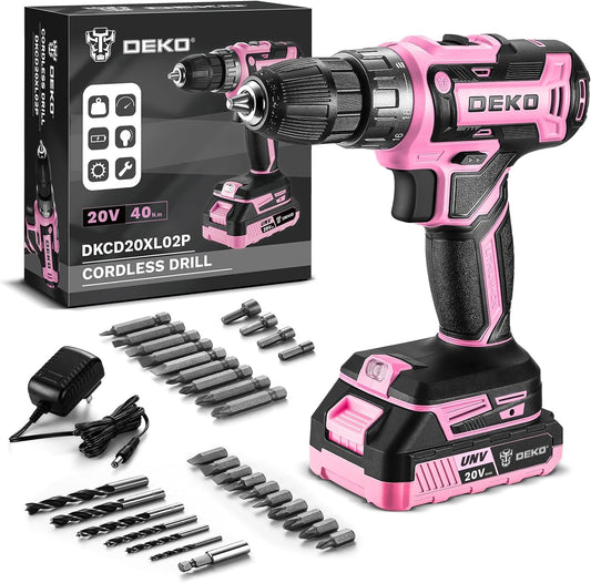 Power Drill Cordless: DEKOPRO Pink Cordless Drill 20V Electric Power Drill Set Tool for Women Drills with Battery and Charger 20 Volt Drills Driver Kit
