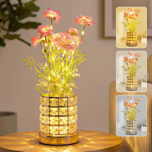Flower Table Lamp, 3 Colors Dimmable Cornflower Artificial Flower Lamp, Cordless Touch Desk Lamp Night Light, Fake Bouquet with Crystal Vase Lamps for Home Date Party Decoration (Pink-Cornflower)