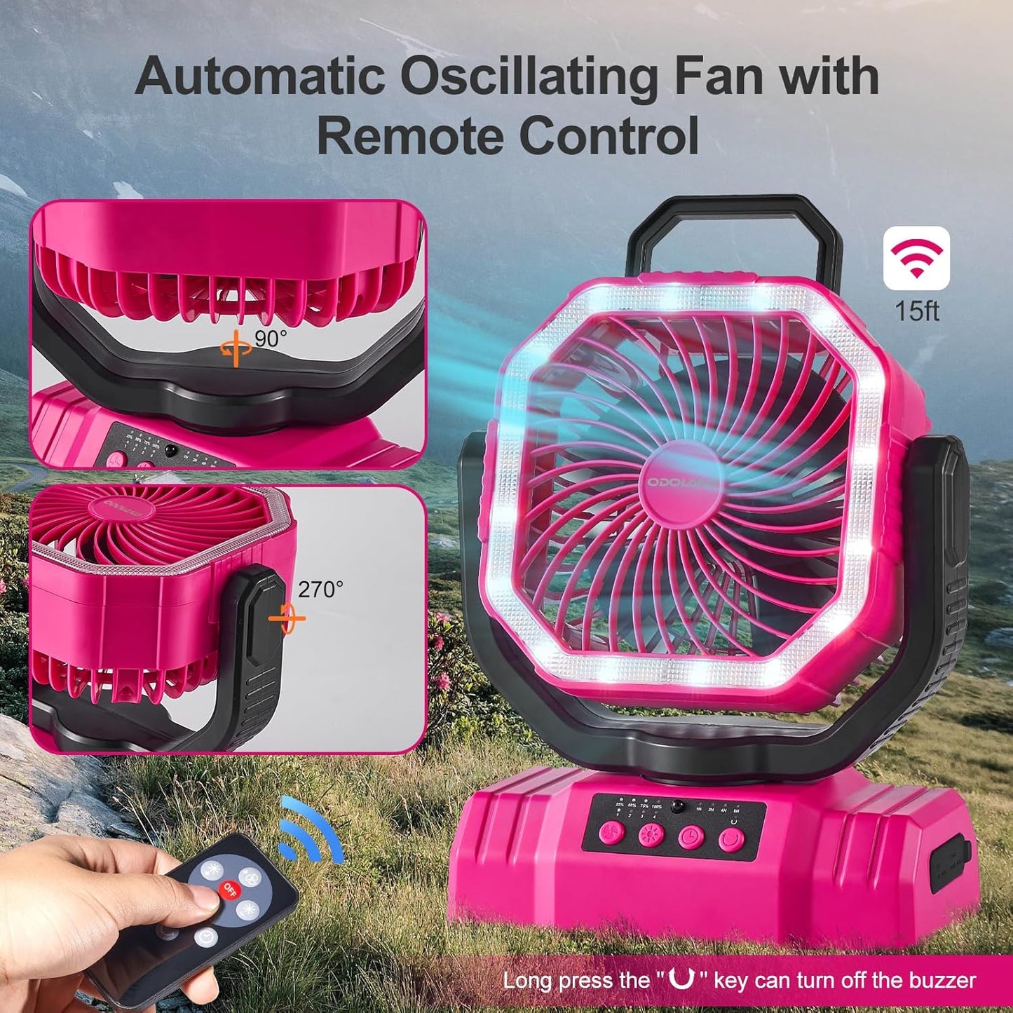 Odoland Portable Camping Fan with LED Lantern, 20000mAh Rechargeable Battery Powered Fan with Auto Oscillation, Timer, Remote, 360° Rotation Hook, 4 Speeds for Power Outage Travel Home, Pink