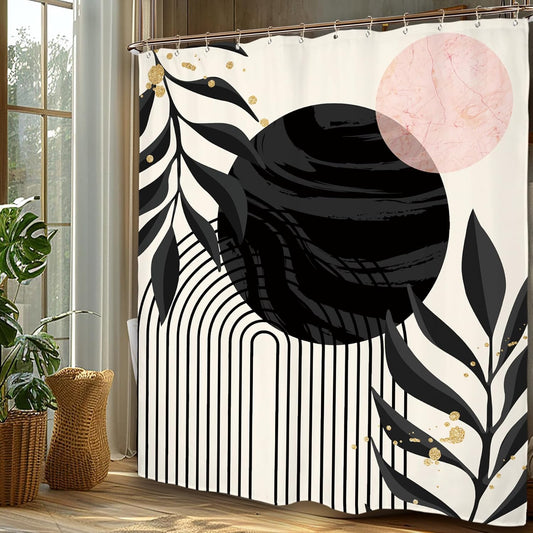 Miyotaa Abstract Modern Shower Curtain Set 60Wx71H Inches Minimalist Aesthetic Black Pink Contemporary Plant Leaves Neutral Polyester Waterproof Cloth Bathroom Curtain with 12 Hooks