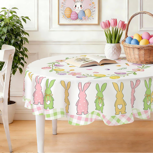 Easter Tablecloth 60 Inch Round, Pink Green Buffalo Check Plaid Pastel Bunny Silhouette Eggs Watercolor Washable Stain-Resistant Table Cover for Party Picnic Dinner Spring Decor