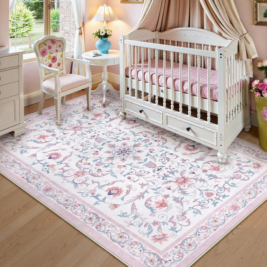 Lahome Pink Floral Rugs for Bedroom Girls 5x7 Soft Washable Non-Slip Living Room Rug Vintage Botanical Boho Flower Carpet for Teens Kids Nursery Playroom Dorm Home Decor Cute Aesthetic