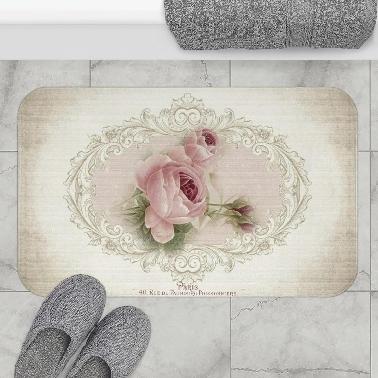Paris Shabby Chic Indoor Carpet Bath Mat - Pink Rose, 20x32 inch