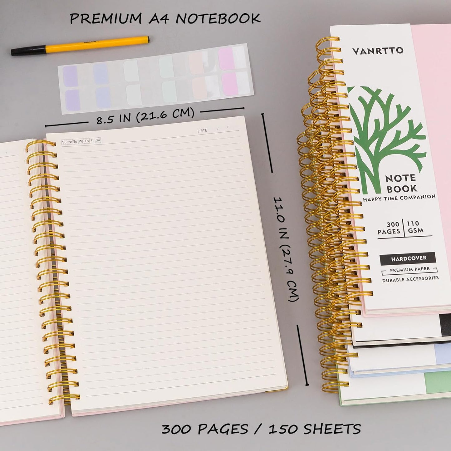 Hardcover Spiral Notebook, 8.5 x 11 IN Notebooks College Ruled, 110 GSM Thick Lined Paper Notebooks for Work, School and Travel, 300 Pages Journals for Writing, Large Journal for Women and Men Pink