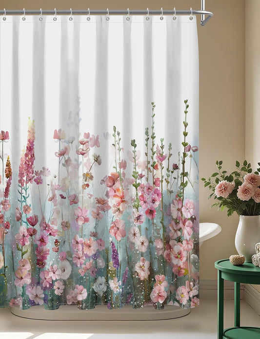 SUMGAR Colorful Flowers Shower Curtain for Bathroom Pink Floral Romantic Wildflower Plants Nature Scenery Decoration Curtain Set with Hooks, 72 x 72 inch