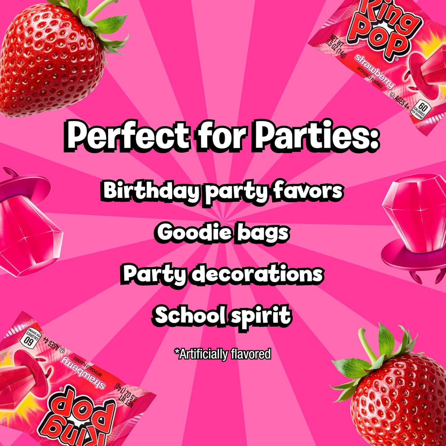 Ring Pop Individually Wrapped Pink Candy, Strawberry 30 Count Lollipop Bulk Pack – Lollipop Suckers for Kids, Fun Candy Bulk for Gender Reveal, Bachelorette Party Favors, Kids Party Favors