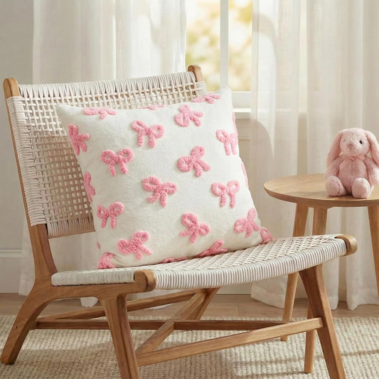 AVOIN colorlife Pink Bow Throw Pillow Covers Set of 2, 18 x 18 Inch Holiday Soft Plush Faux Fur Jacquard Cushion Case Decoration for Bedroom Home Sofa Couch