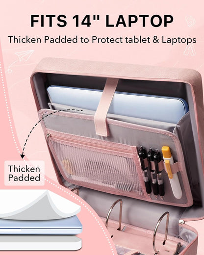 Upgraded 3 Rings Zipper Binder Organizer 3 Inch Zippered Binders with Strap Large Zip Up Portfolio Folder Bag with 9 Pockets 13“ 14” Laptop Compartment for Office Travel, Pink