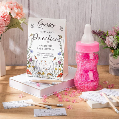 Roowest 512 Pcs Baby Shower Games Guess How Many Pacifiers Sign 100 Small Guessing Games 10 HB Pencils 750ml Milk Bottle 400 Acrylic Pacifiers Decoration for Guest Gender Reveal(Pink,Bloom)