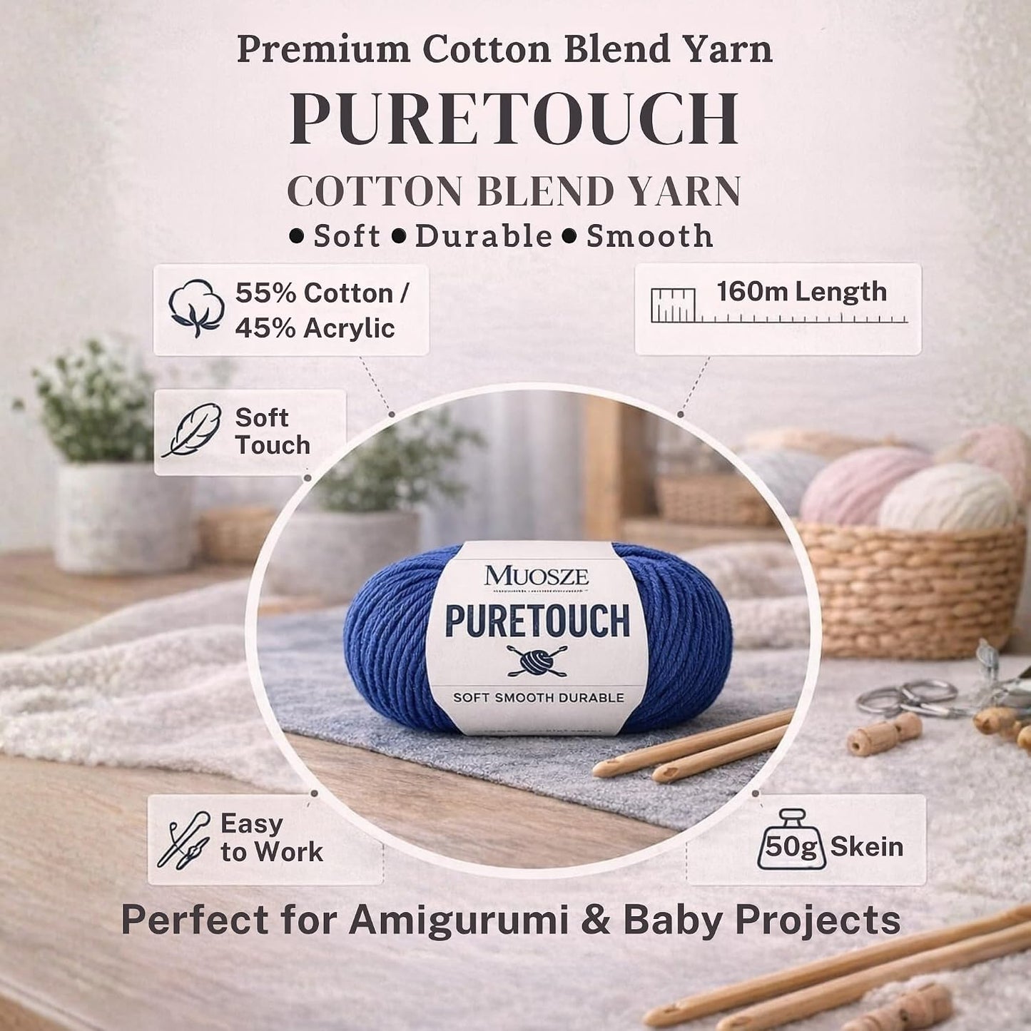 PureTouch Cotton Blend Yarn, Soft & Durable Crochet Yarn for Knitting & Amigurumi, 174 Yards, 50g, 55% Cotton 45% Acrylic (Peach Beige, 2 SKEINS)