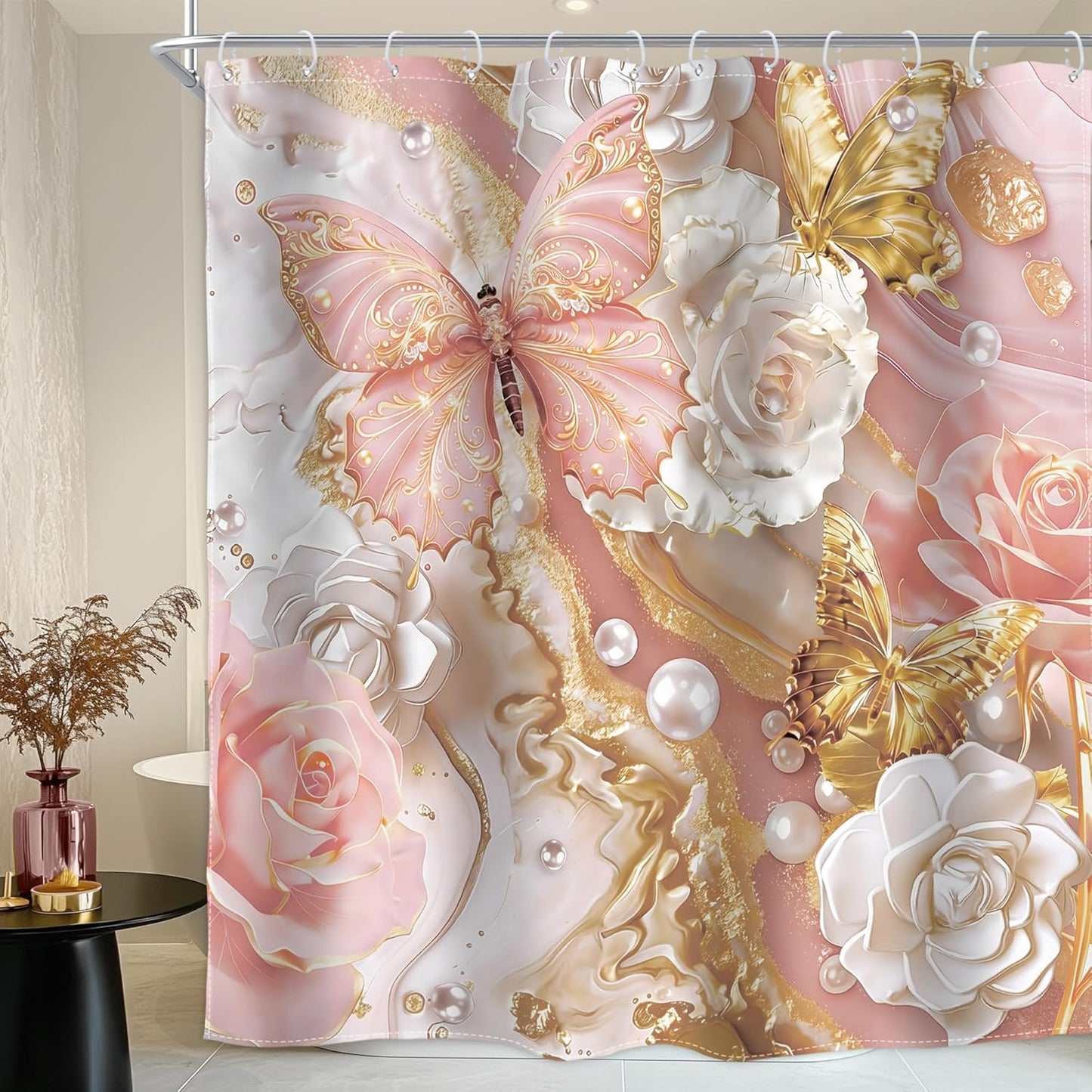 Pink and Gold Marble Shower Curtain Abstract Fluid 3D Butterfly Rose Pearl Luxury Ink Aesthetic 72Wx72H Inch Modern Pretty Floral Elegant Waterproof Polyester Fabric Bathroom Bathtub