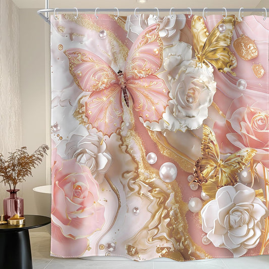 Pink and Gold Marble Shower Curtain Abstract Fluid 3D Butterfly Rose Pearl Luxury Ink Aesthetic 72Wx72H Inch Modern Pretty Floral Elegant Waterproof Polyester Fabric Bathroom Bathtub
